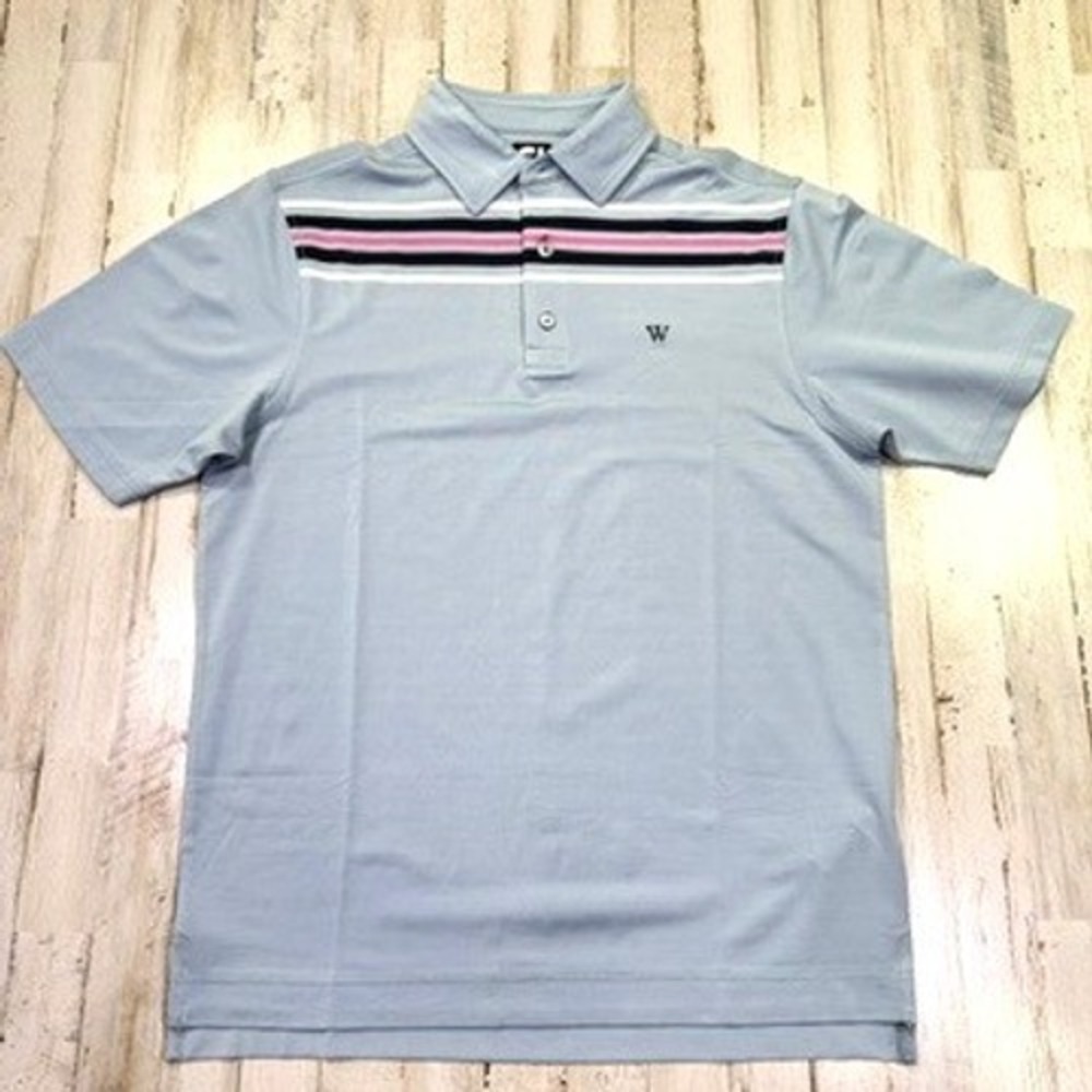 Footjoy Golf Polo Mens Medium Blue Pink Stripe Short Sleeve Performance Shirt